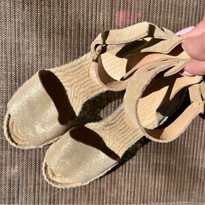 J. Crew Tan Gold Genuine Suede Espadrille Wedges Ankle Strap Sandals size 7 New